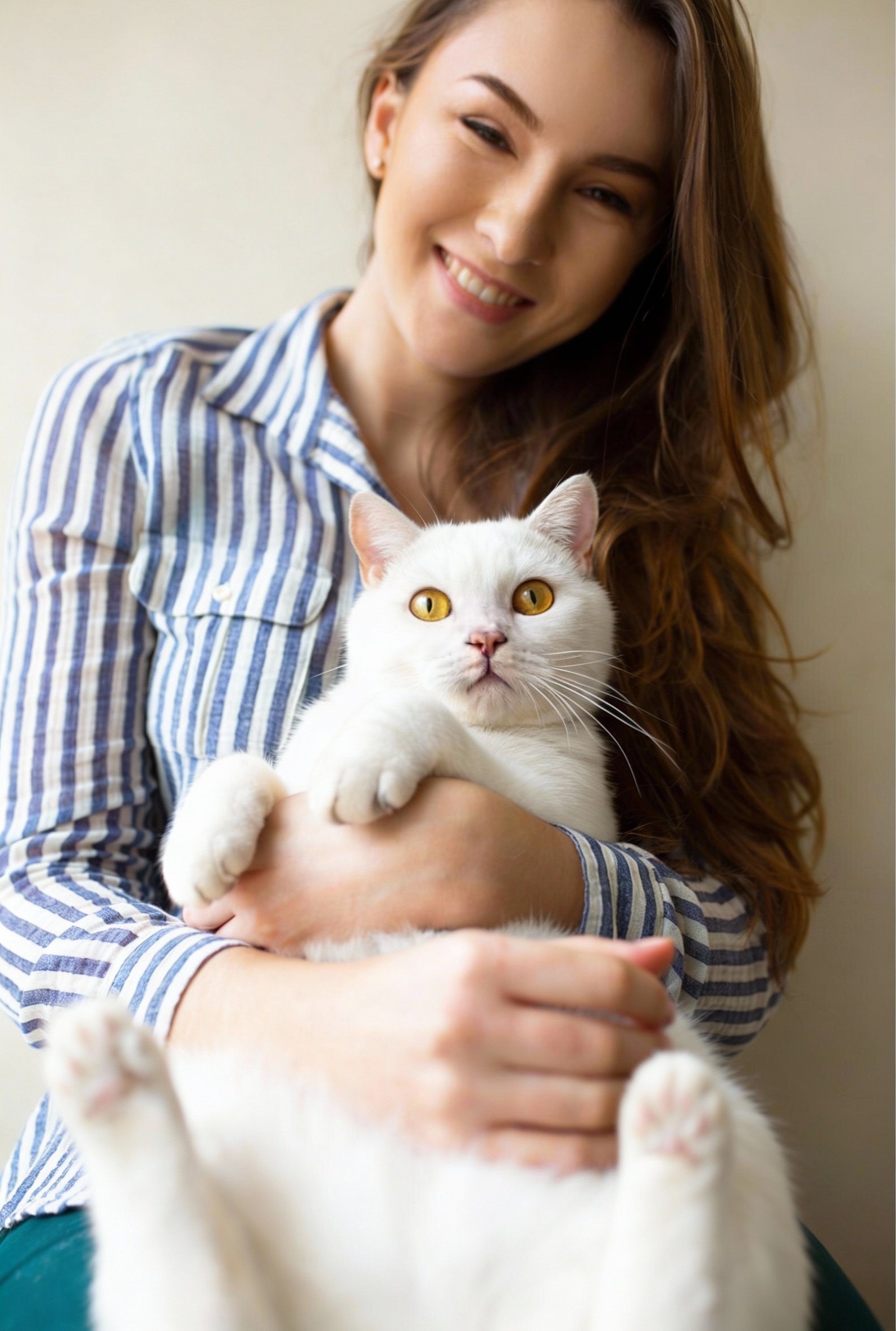 Mujer sonriendo con un gato blanco en brazos